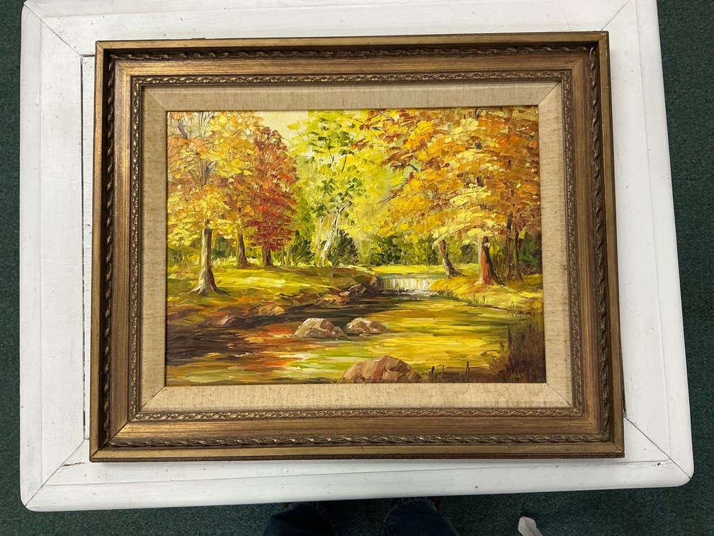 Framed Landscape Painting Depicting Autumn Scene with Stream and Trees 21×17