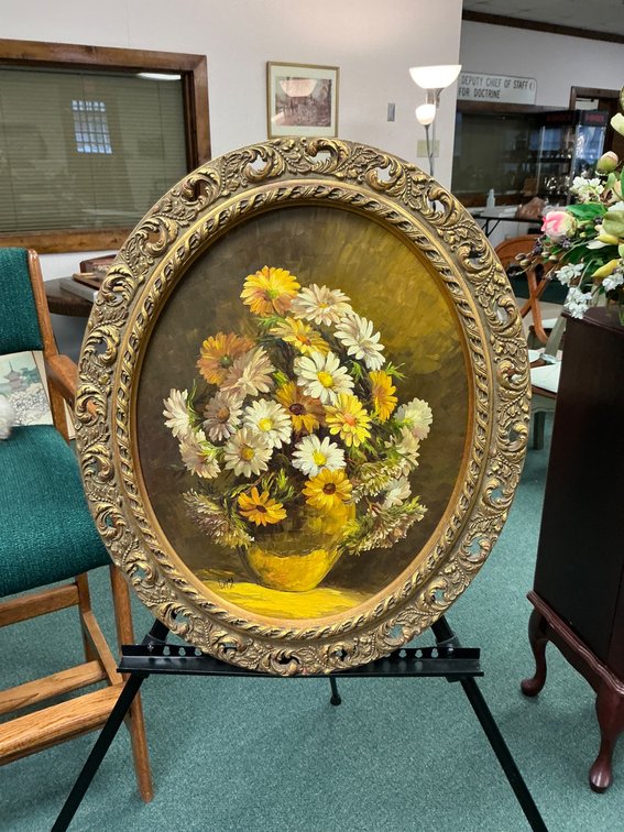 Floral Oil Painting in Ornate Oval Frame Signed ‘Luppes’ 24”