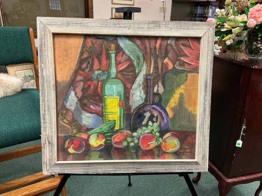 Still Life Oil Painting with Fruit and Bottles, Framed, Purchased at Cohen’s Picture Store 22×20