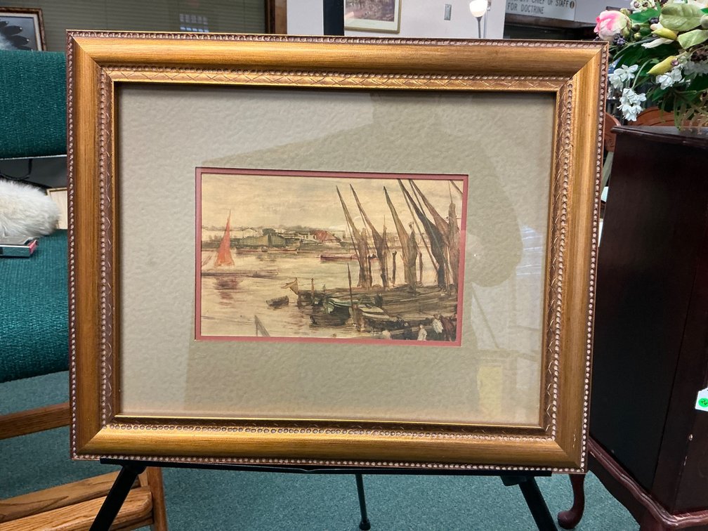 Framed Watercolor of Boats and Waterfront Scene 20×16