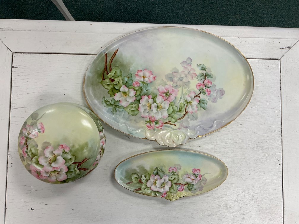 Hand-Painted Bavarian Porcelain Vanity Set Signed by Artist