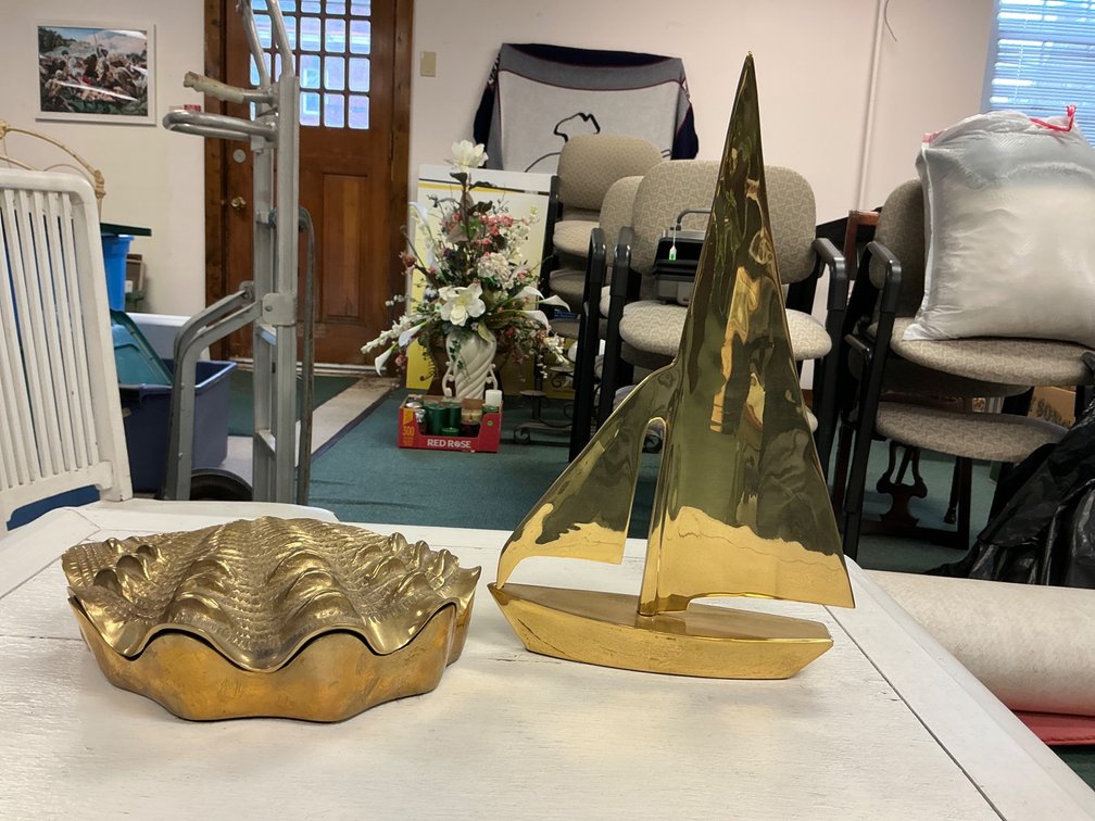 Brass Clamshell Hinged Box and Brass Sailboat Figurine Set