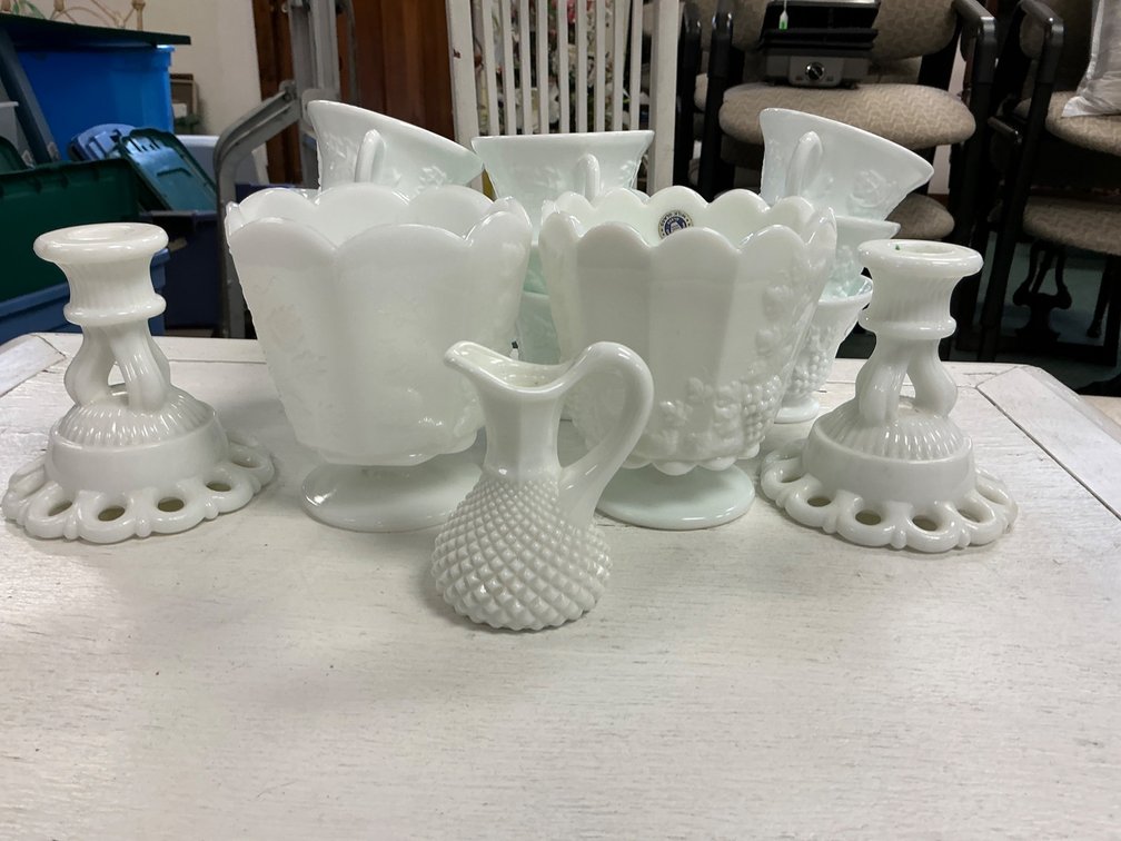 Collection of White Milk Glass Serving Pieces and Candleholders
