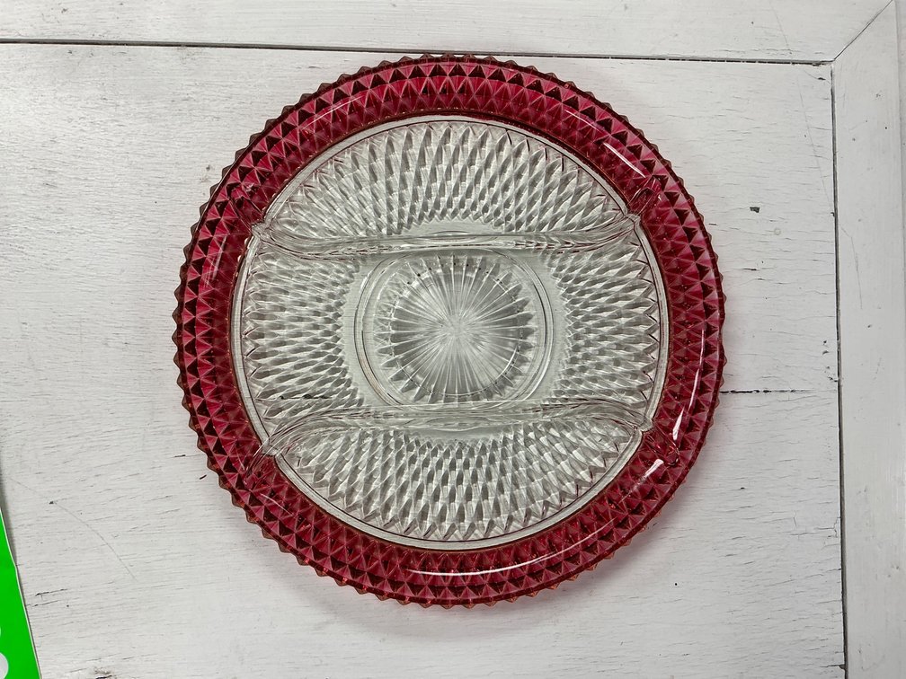 Pressed Glass Divided Serving Dish with Ruby Red Trim
