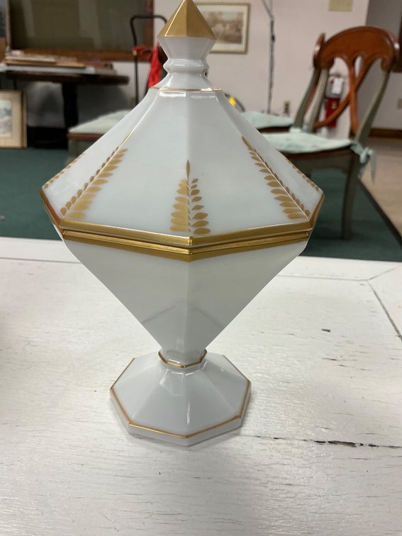 Westmoreland Glass Company Milk Glass Covered Dish with Gold Fern Design 8”