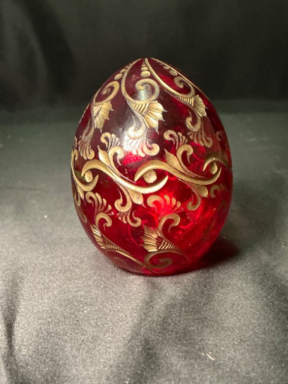 Red Glass Egg Ornament with Gold Filigree Design