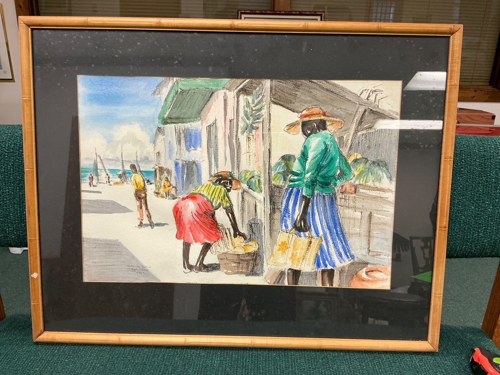 Original Watercolor Painting By Sonia Day, Dated 1963, Bahamas Street Scene 28×22