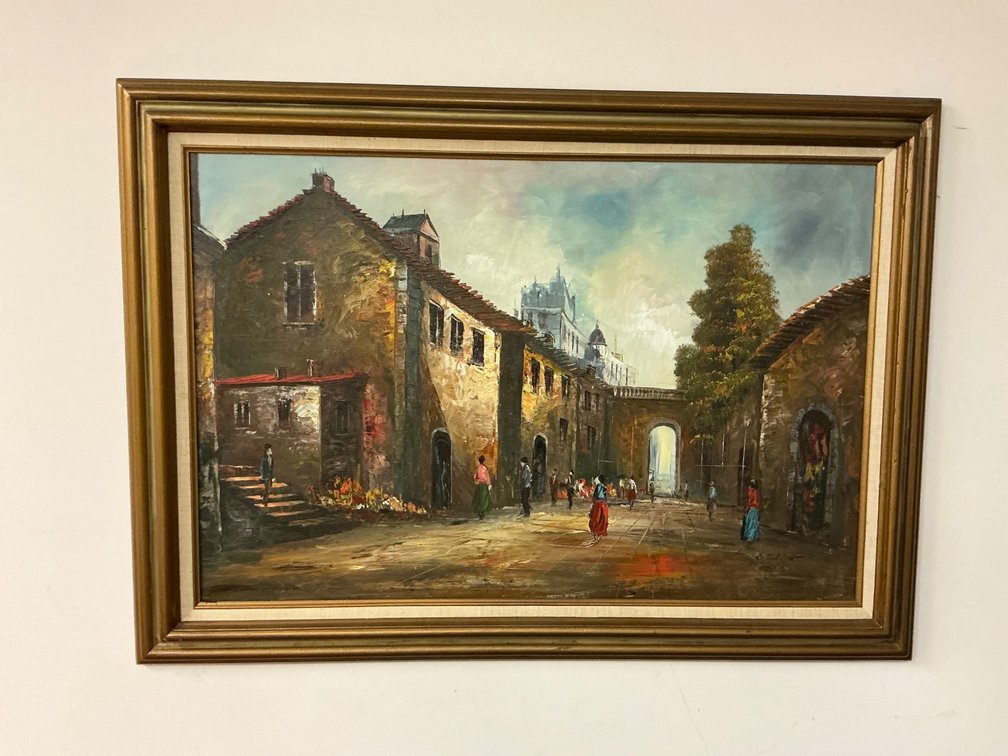 Oil Painting Depicting a European Village Scene 41×28