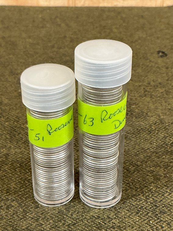 Rolls of Roosevelt Silver Dimes in Plastic Tubes