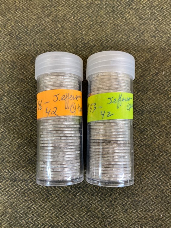 84 Mixed Dates Jefferson Silver Quarters in Two Labeled Rolls