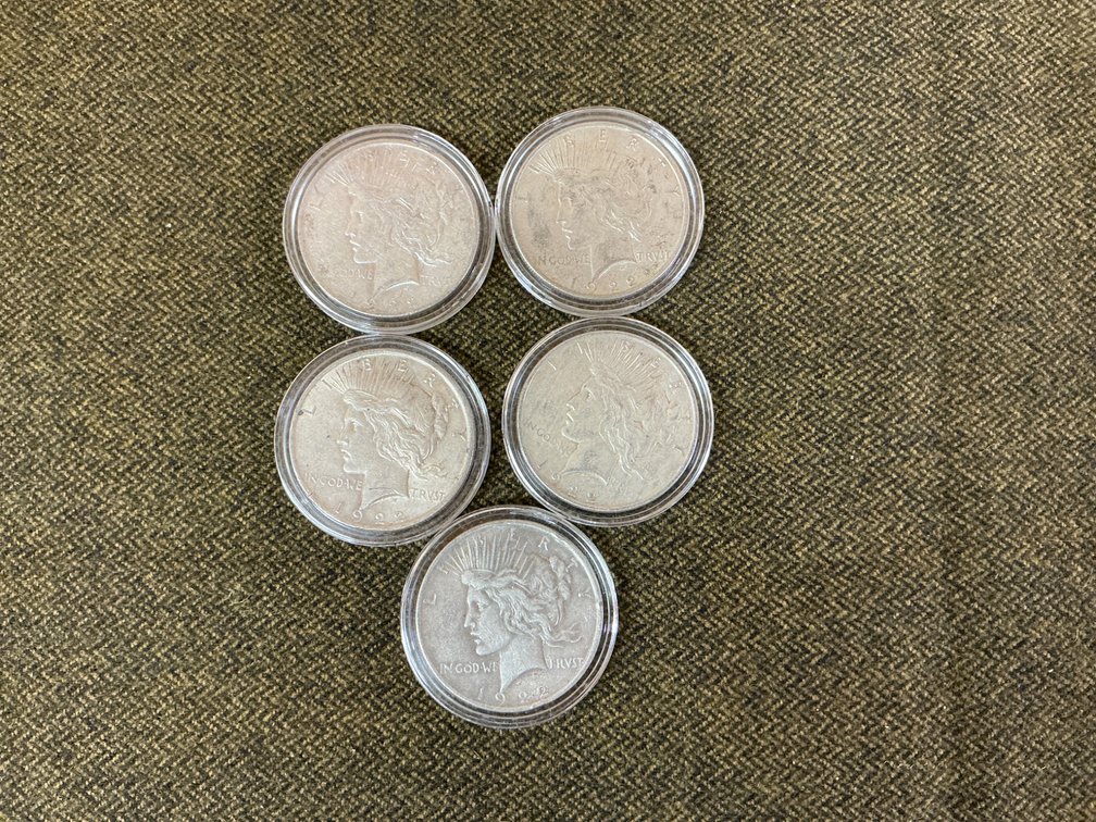Five 1922 Silver Peace Dollars in Cases