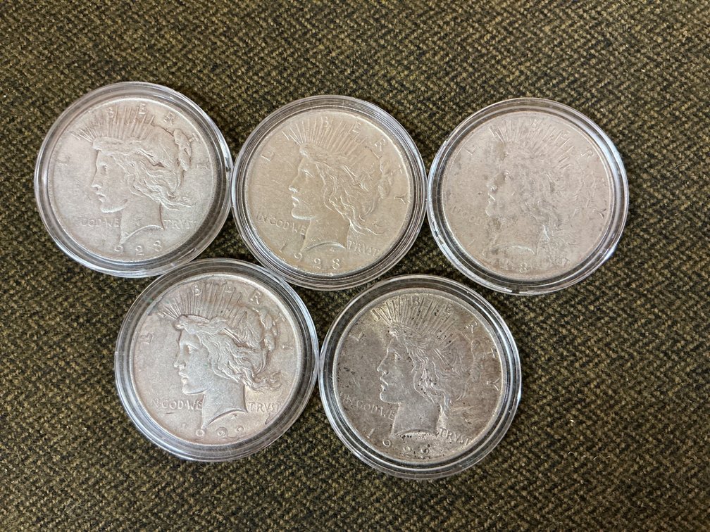 Five Assorted Dates Silver Peace Dollars