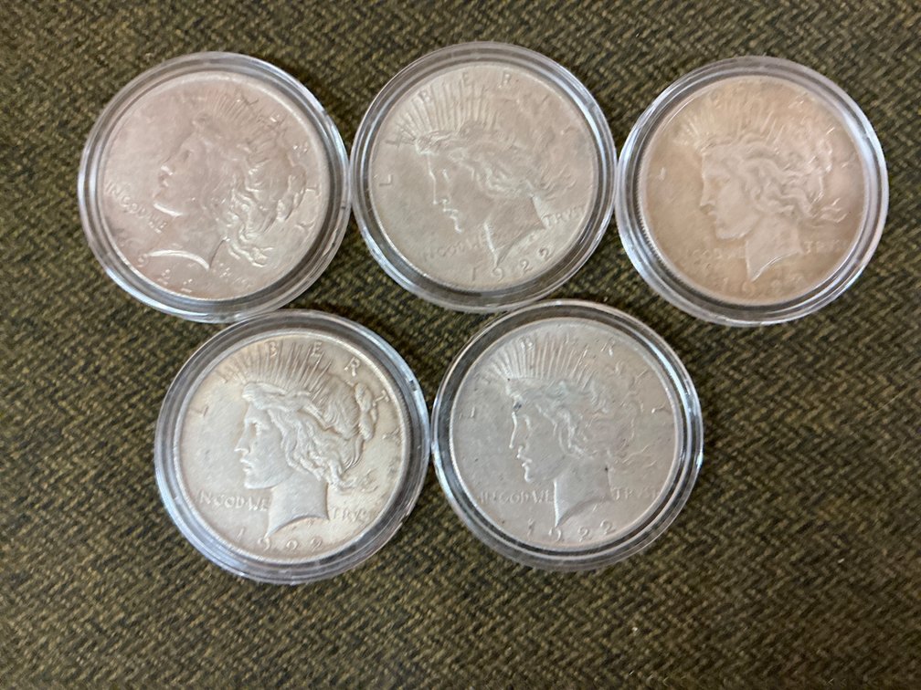 Set of Five Peace Silver Dollars in Protective Cases