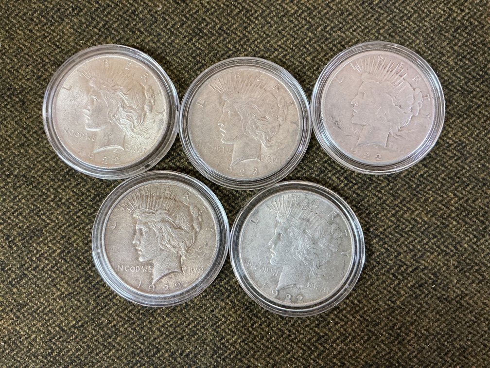 Lot of 5 United States Peace Silver Dollars in Protective Cases