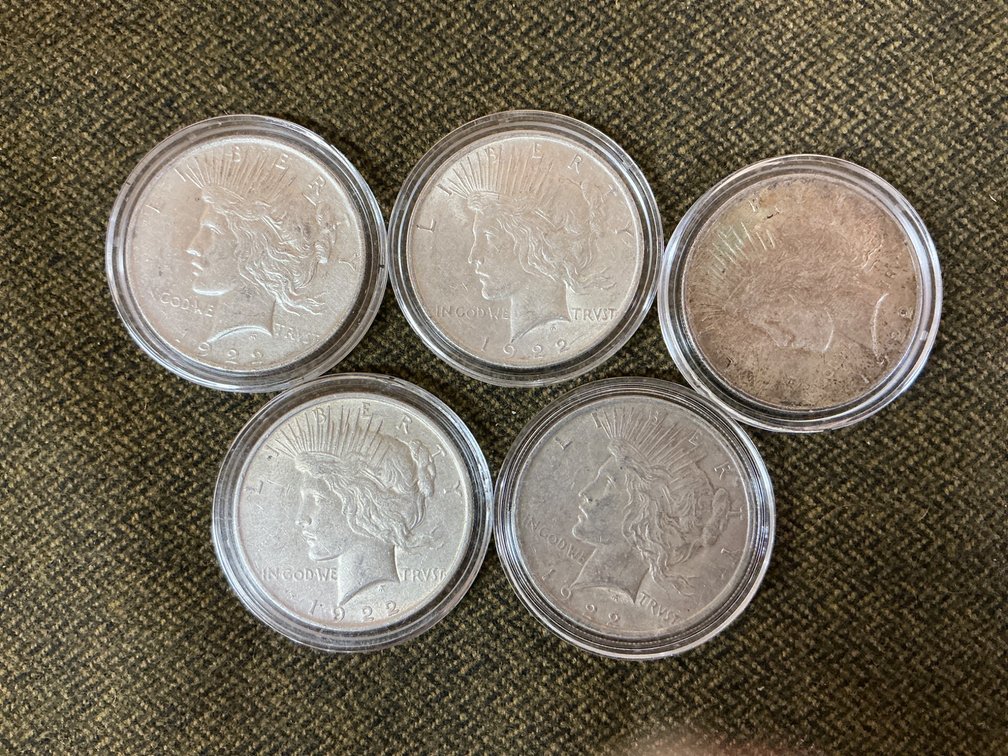 Set of Five Peace Silver Dollars in Protective Cases
