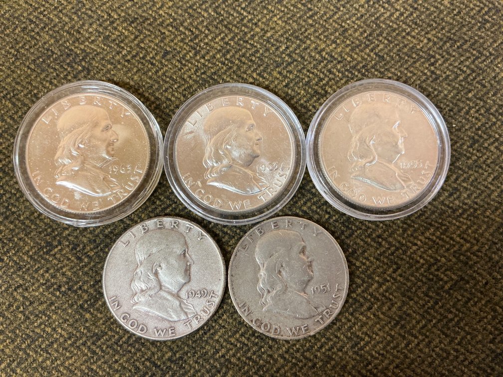 Five Franklin Silver Half Dollar Coins 