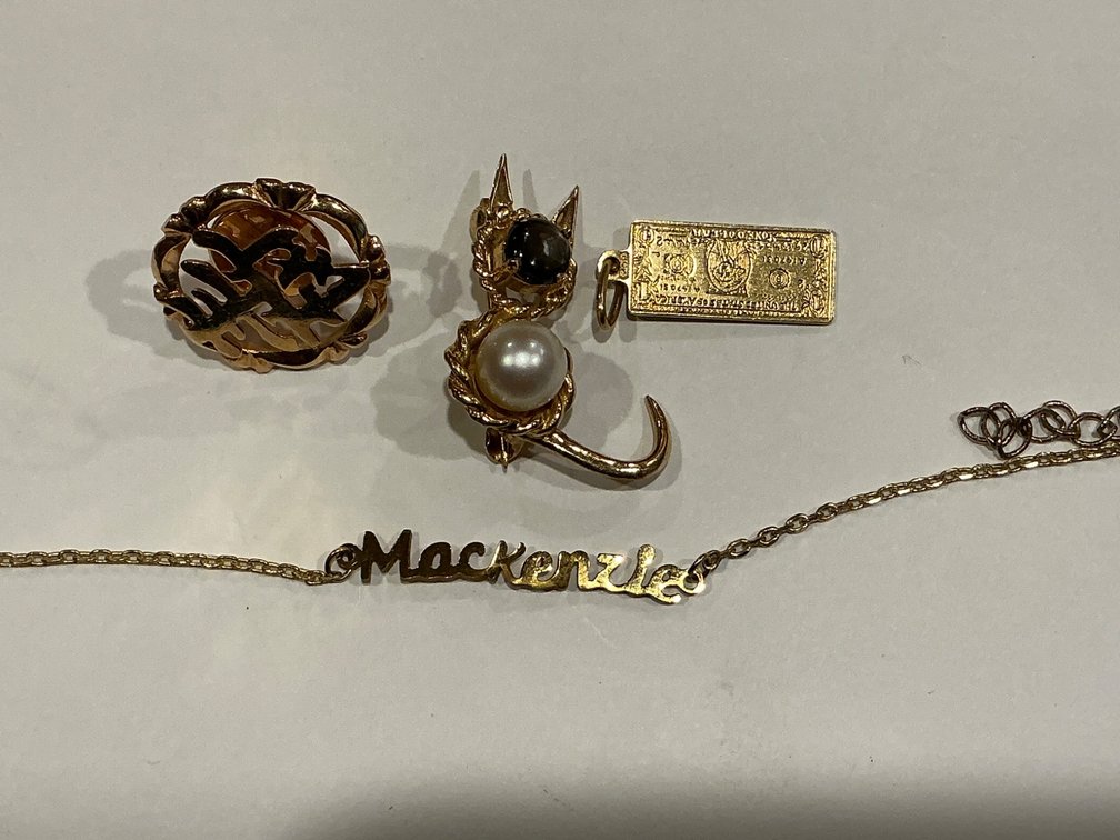 Group of 18K Gold Jewelry Featuring Brooch, Charm, and Necklace