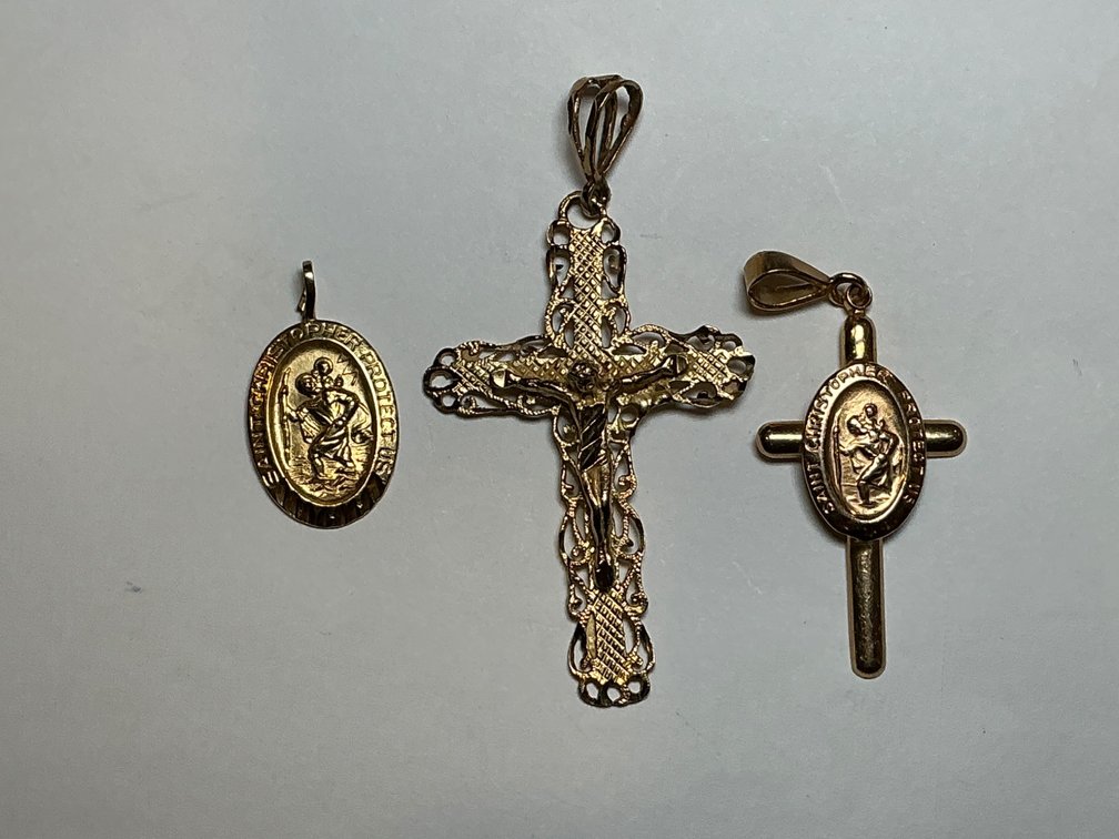 14K Gold Religious Pendants and Crucifix, 8.85 Grams