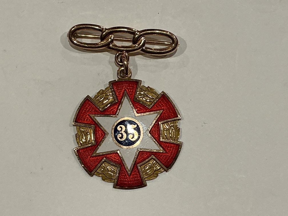 10K Gold and Enamel Odd Fellows 35-Year Membership Badge
