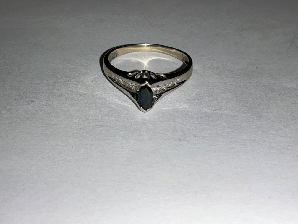 10K White Gold Ring with Sapphire and Accent Diamonds