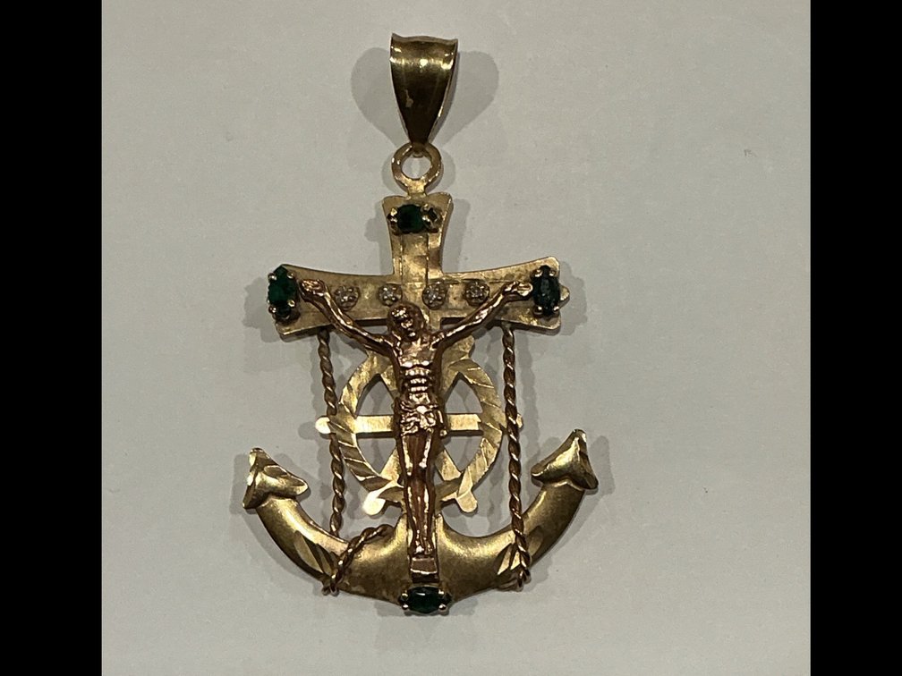 14K Gold Anchor Pendant with Crucifix and Green Gemstones
