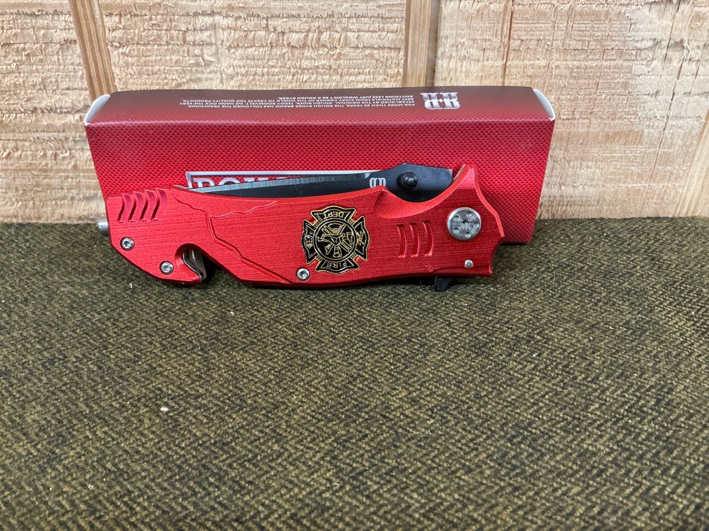 Rough Ryder Fire Department-Themed Red Folding Knife with Partially Serrated Blade