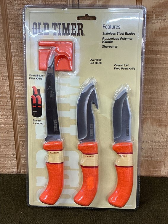 Old Timer Hunting Knife Set with Rubberized Polymer Handles and Stainless Steel Blades NEW