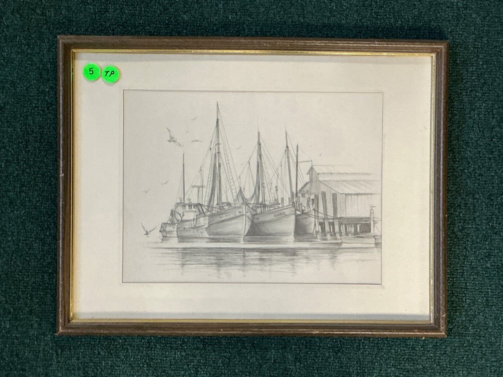 17×13 Shirley Hogge ‘The County Wharf’ Pencil Drawing, Downtown Hampton, VA REPRODUCTION 