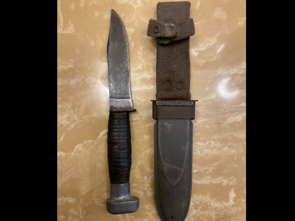 Original U.S. WWII Navy USN Mark 1 Fighting Knife By Geneva Forge w/original scabbard  BR2 