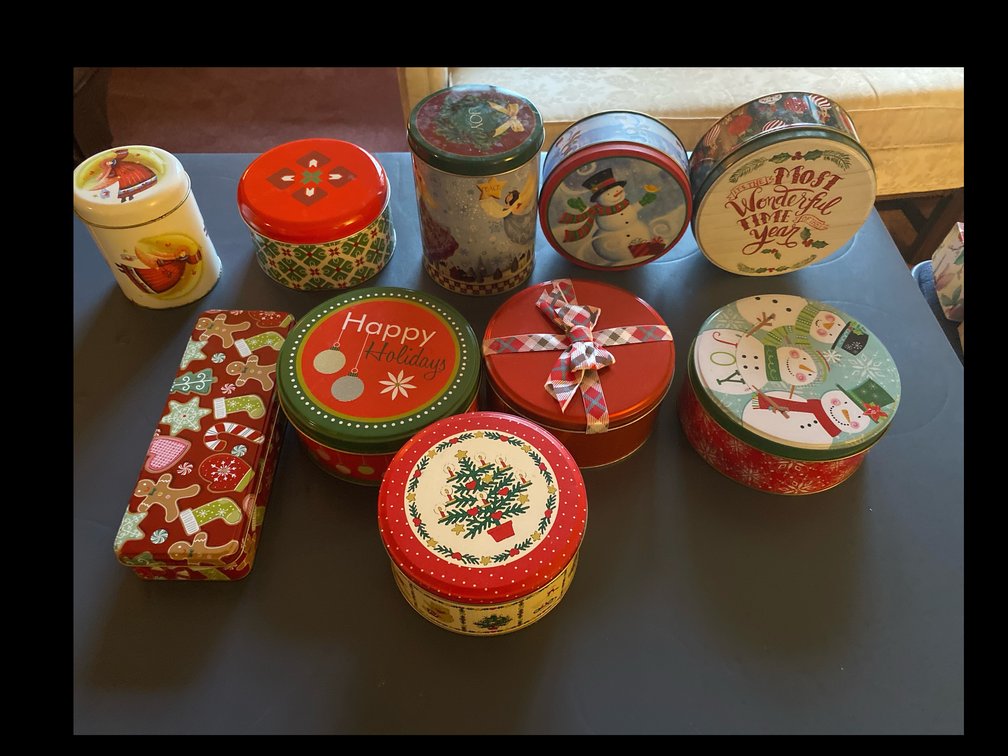 Gift bags, Christmas tins and boxes. 