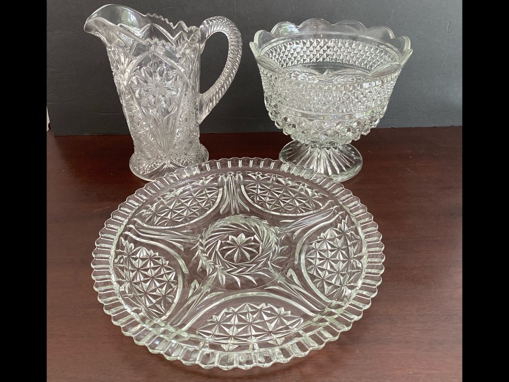 Pressed glass pitcher, tray & compotes