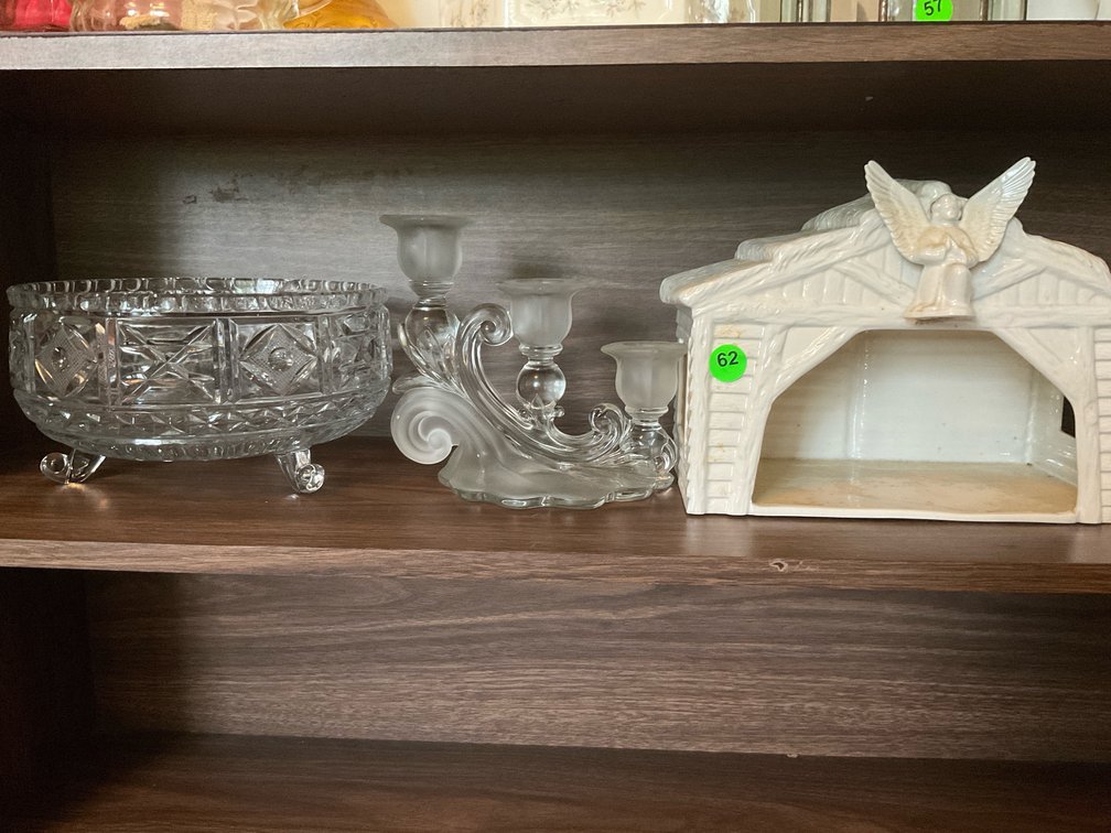Glass Bowl, glass candleholder, nativity barn