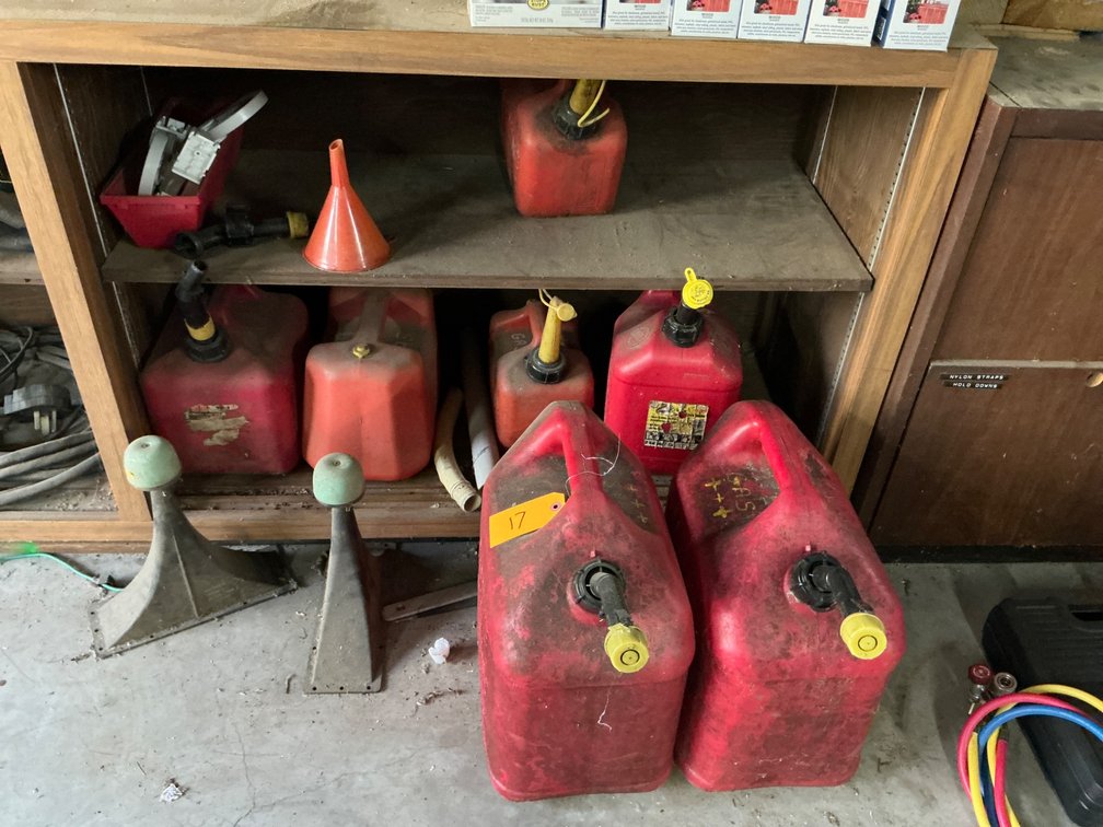 Lot of Empty Red Fuel Containers and Miscellaneous Garage Items