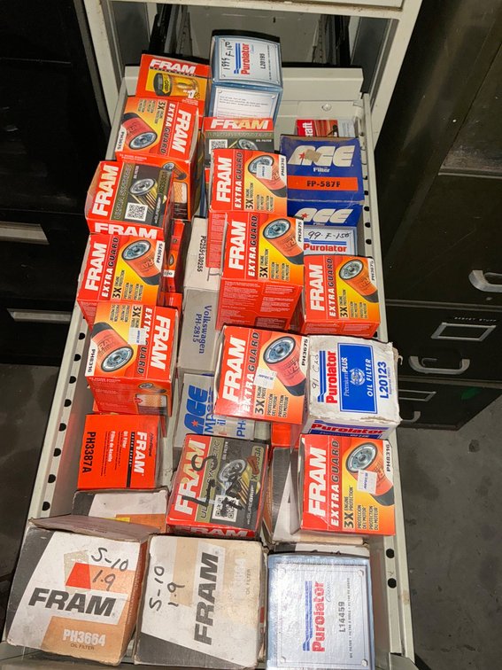 File Cabinet Containing Assorted Automotive Parts and Filters