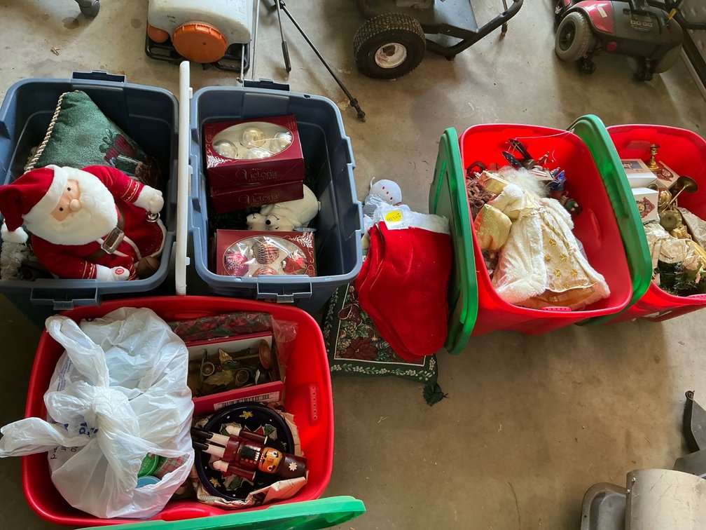 Collection of Five Totes Containing Assorted Christmas Items