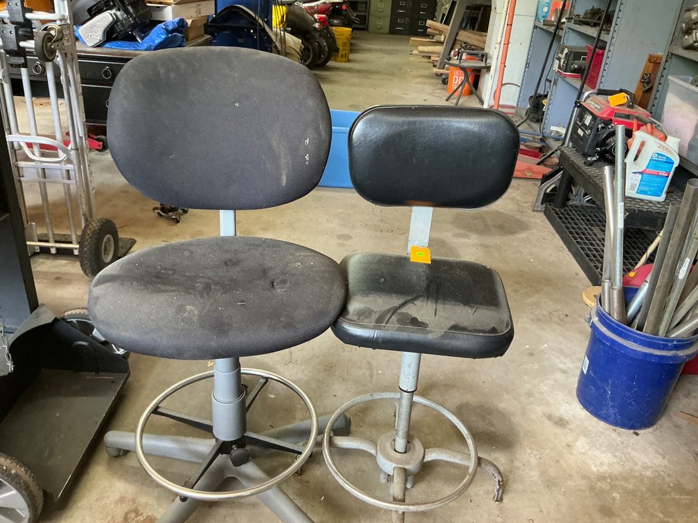 Two Industrial Drafting Chairs with Adjustable Seating