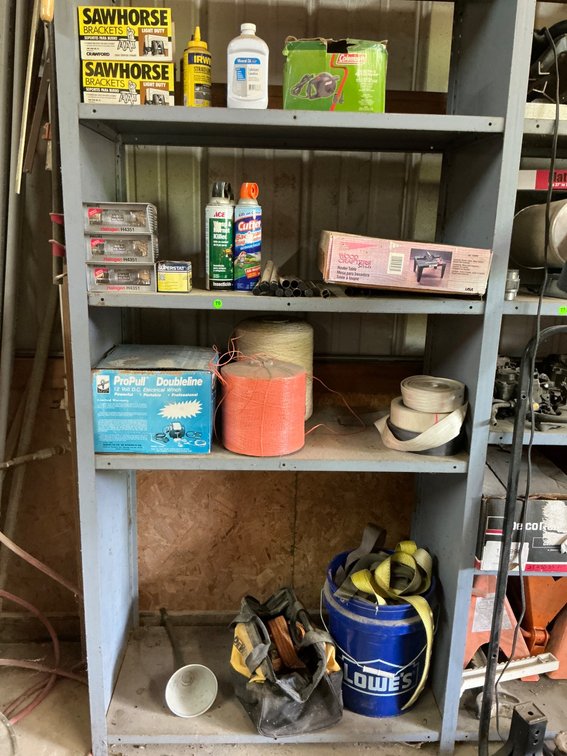 Workshop Shelf Contents Including Clamps, ProPull Winch, and Tools