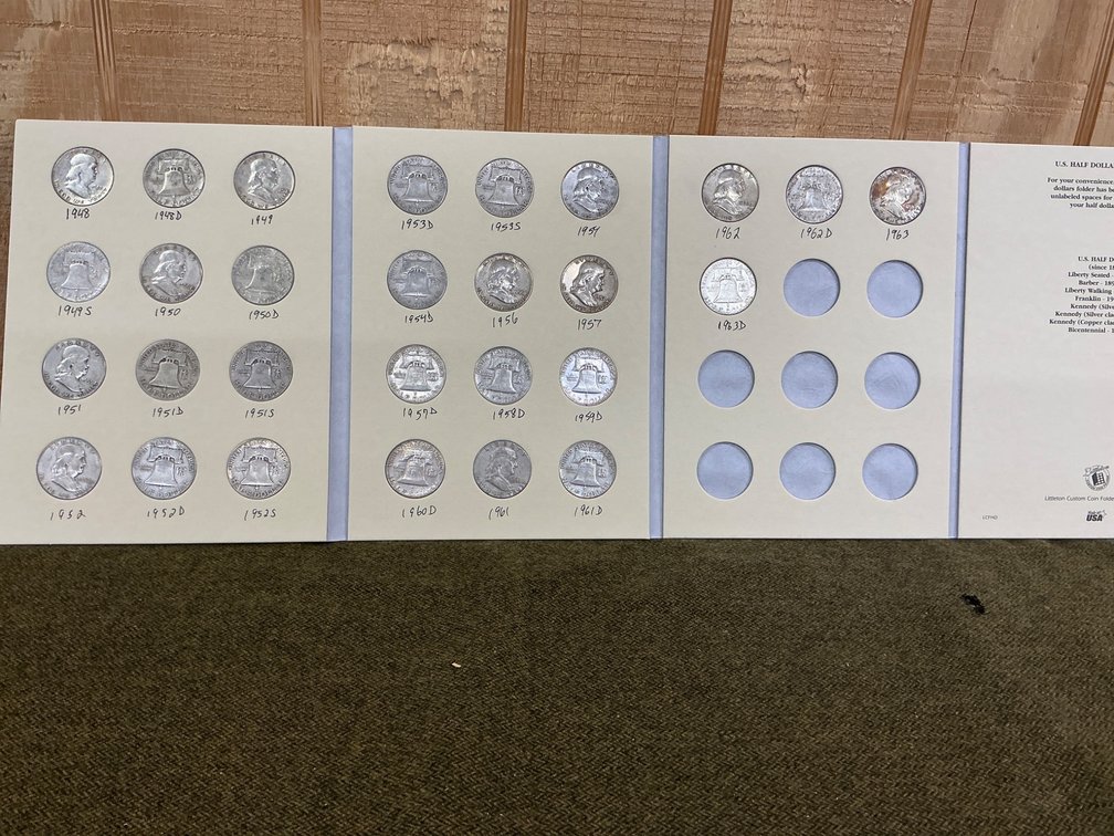 28 Franklin Silver Half Dollars (1948-1963) in Coin Album