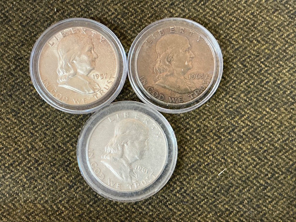 3 Franklin Silver Half Dollars (1957, 1961, 1963)