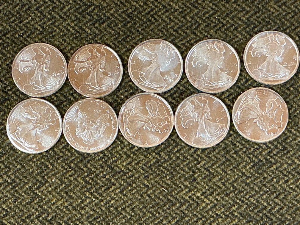 ten 1/10 Troy Ounce .999 Fine Silver Coins with American Eagle Motif