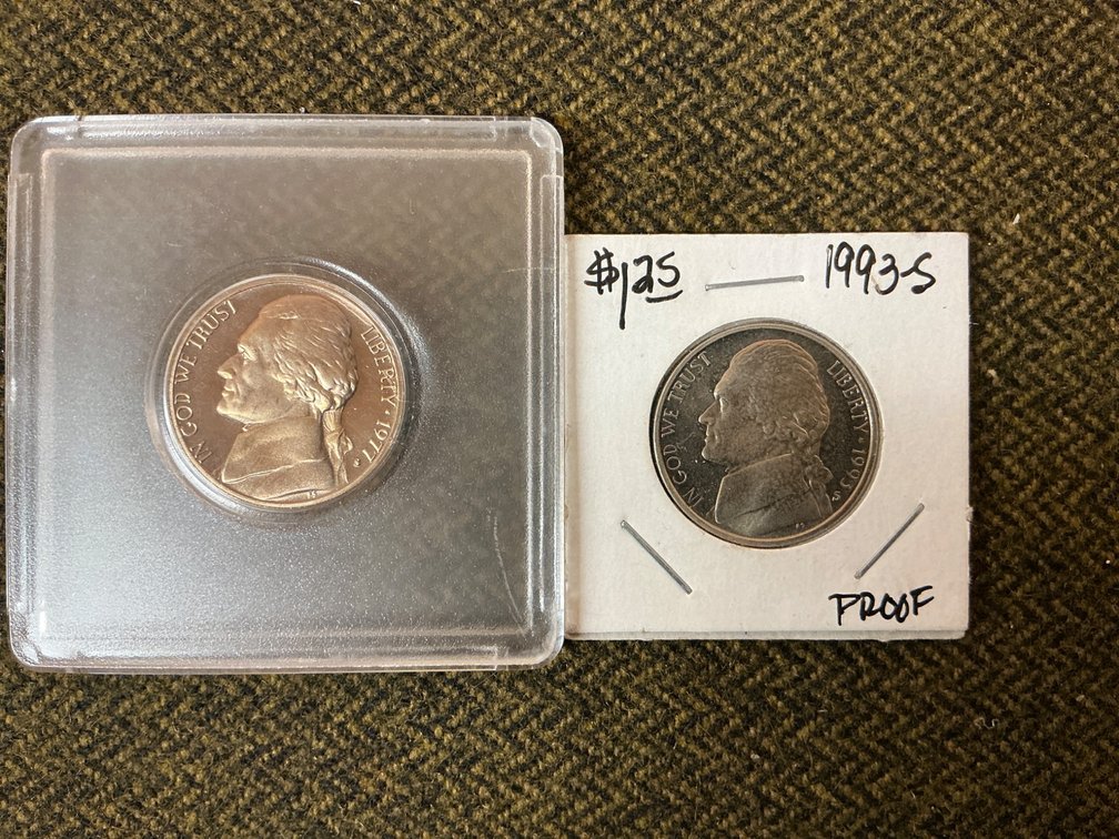 1977-S and 1993-S Jefferson Proof Nickels in Protective Holders