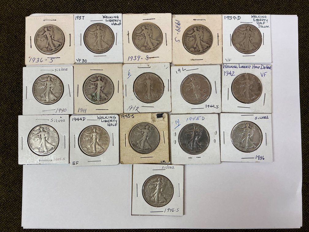 Sixteen Liberty Walking Silver Half Dollars Assorted Dates