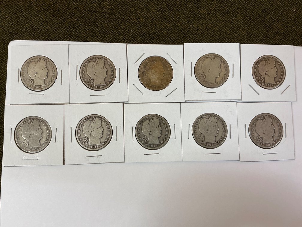 Ten Barber Silver Half Dollars from Late 19th to Early 20th Century