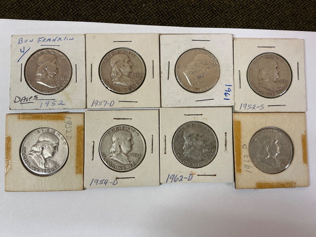 Eight Franklin Silver Half Dollars, Various Mint Years