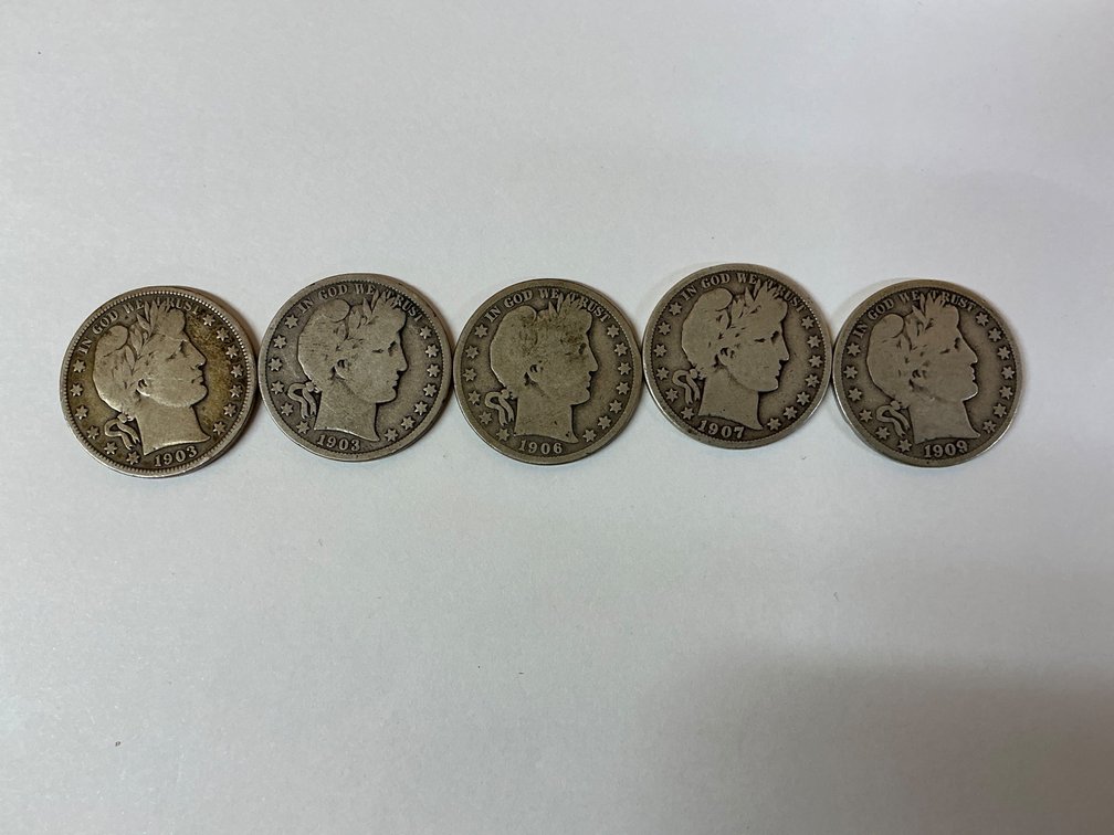 Five Barber Silver Half Dollars, 1904-1908