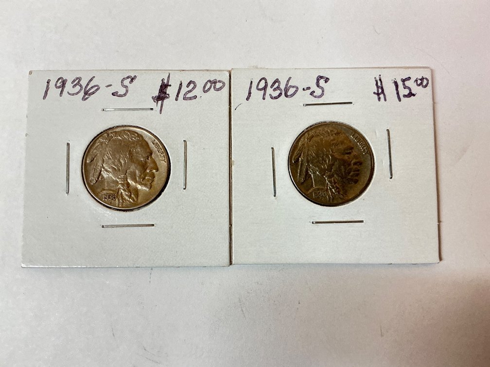 1936-S Indian Head/Buffalo Nickels in Cardboard Holders