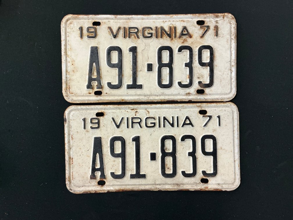 Pair of 1971 Virginia License Plates with Matching Numbers A91-839