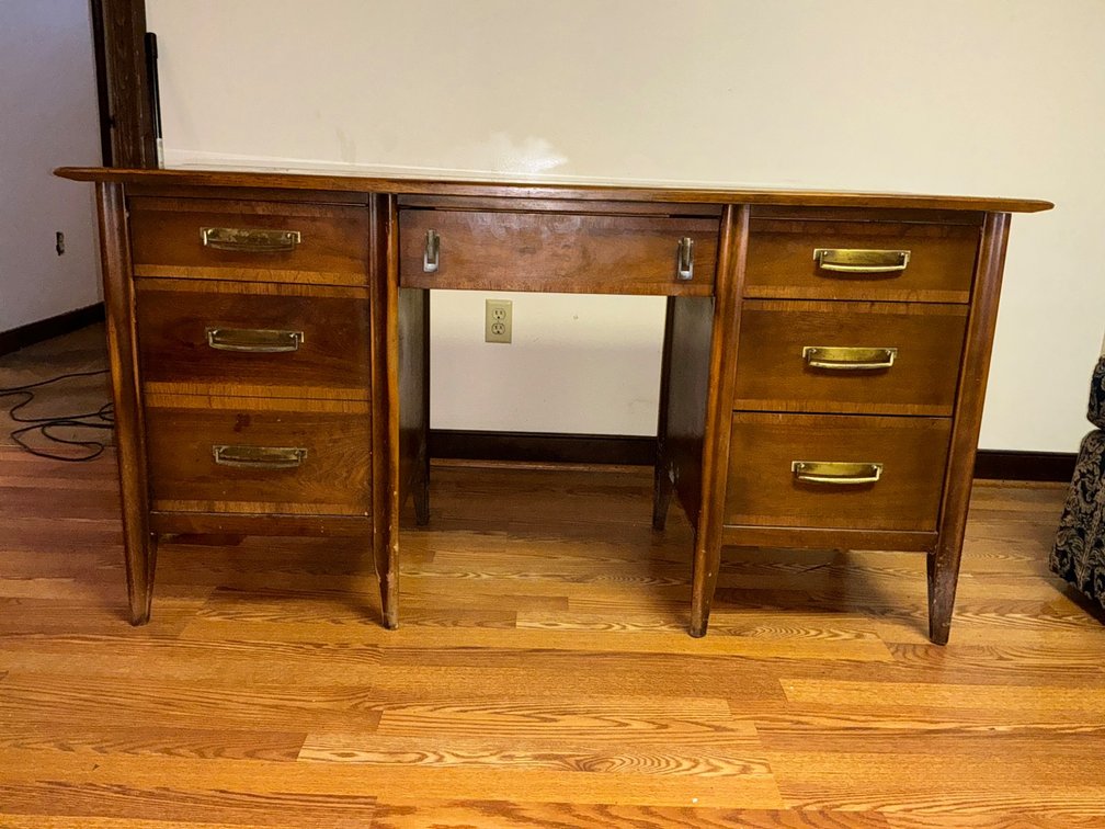 Mid-20th Century Wooden Desk with Brass Handles and Six Drawers