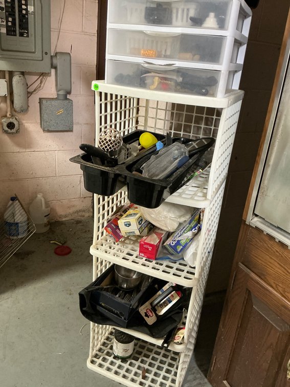 Plastic Shelf With Assorted Contents, Including Kitchen and Miscellaneous Items