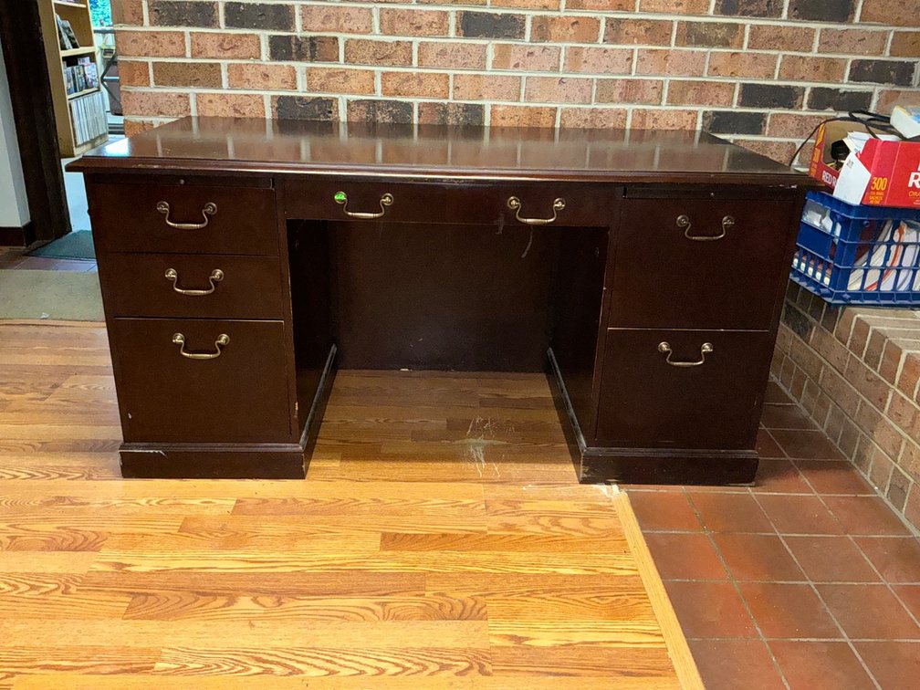 Wooden Office Desk With Brass Hardware and Drawer Storage